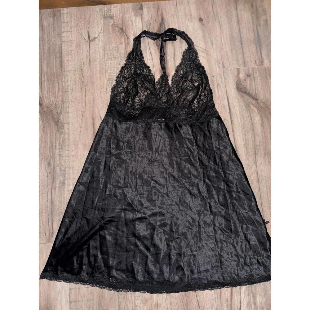 Victoria's Secret Lingerie Negligée Black Lace‎ Nightie Slip Sexy Silky Chemise